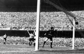 Uruguay players celebrate a goal against Brazil in the 1950 World Cup decider at the Maracana.