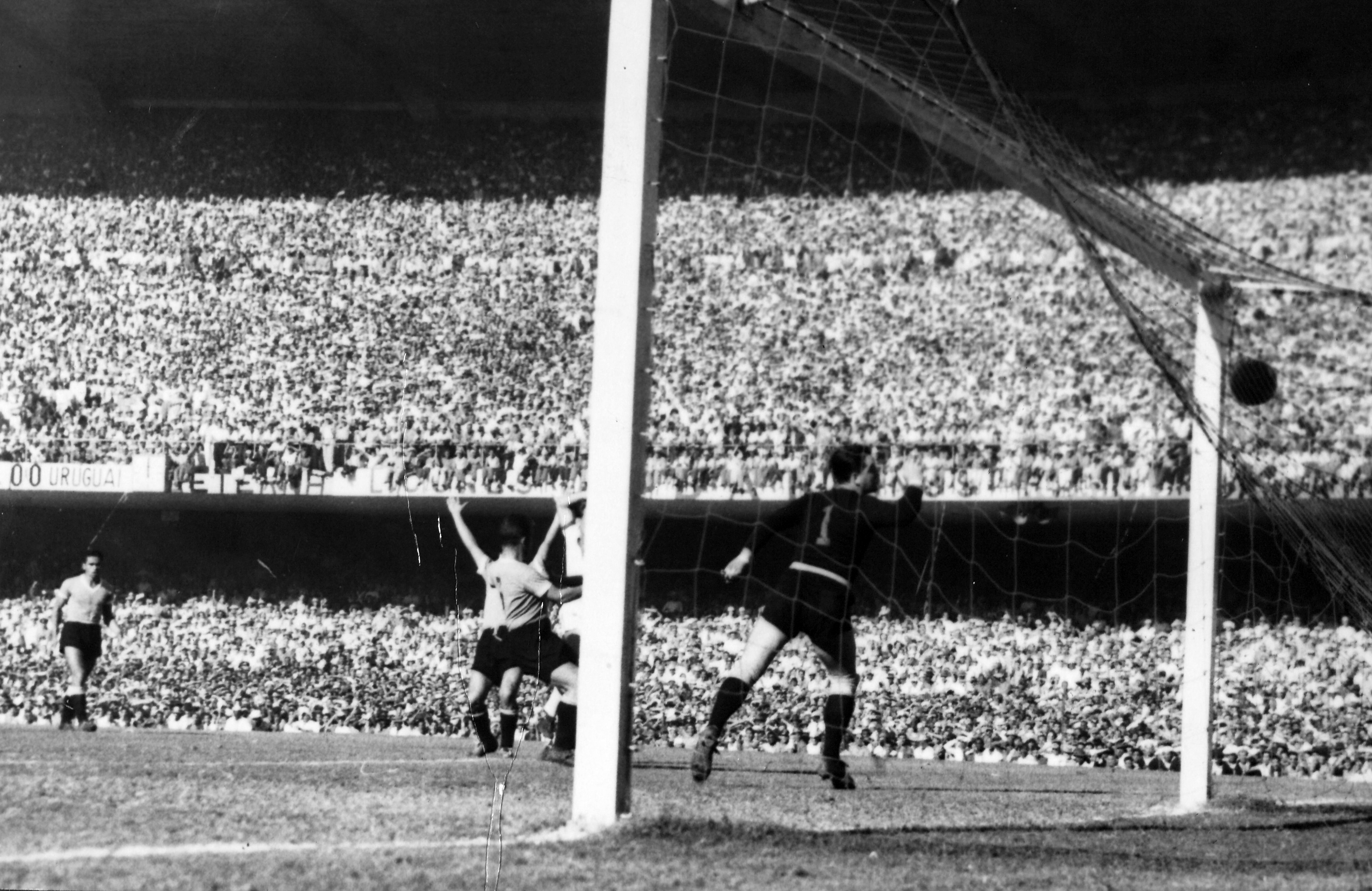 Uruguay players celebrate a goal against Brazil in the 1950 World Cup decider at the Maracana.