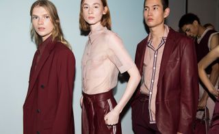 Models wear burgundy blazer, skirt, jacket and pastel shirts