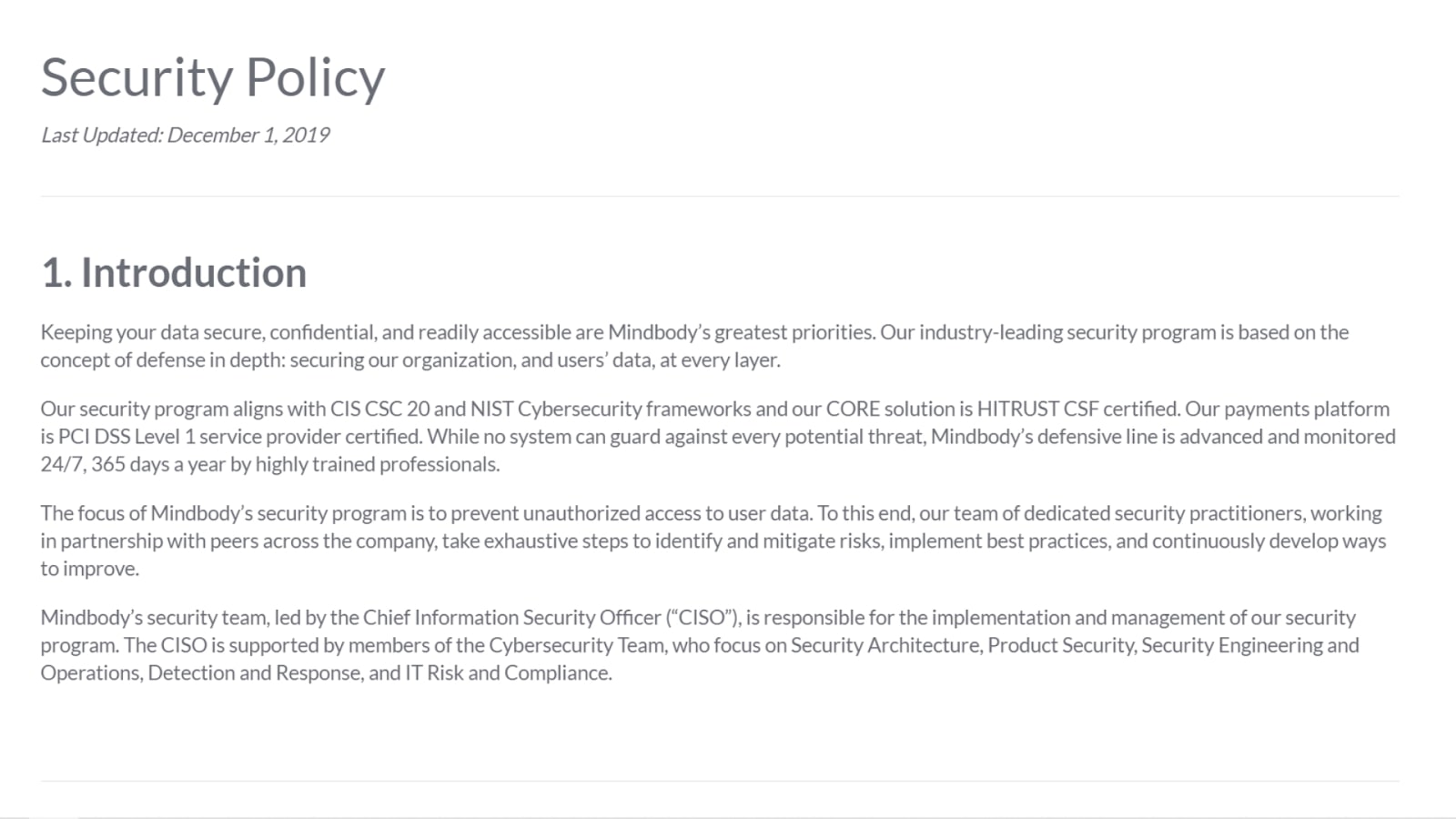 Booker POS data security policy screenshot