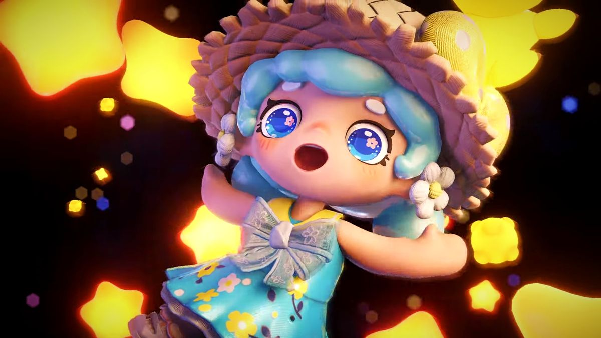 Floatopia reveal trailer screenshot showing a chibi-style girl with blue hair and a straw hat falling among glowing yellow stars, her eyes wide and expression joyful