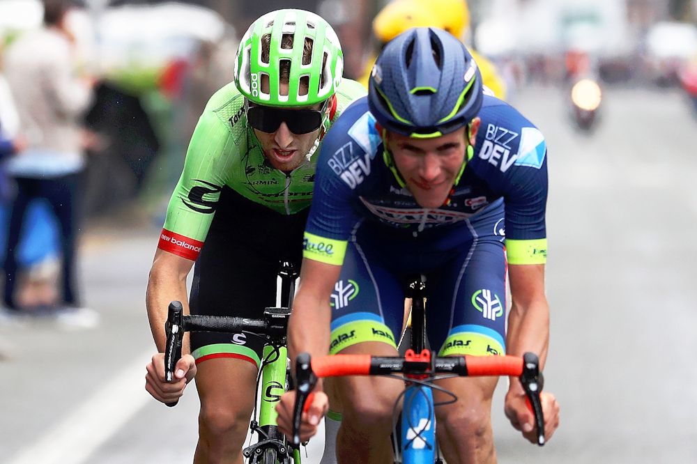 Yoann Offredo (Fra) Wanty - Groupe Gobert and Taylor Phinney (Cannondale-Drapac) near the end of stage 2