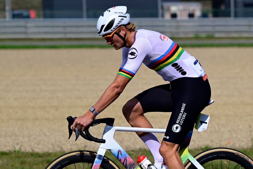 Netherland's Mathieu van der Poel in action during the Men's Elite Road Race of the European Championship 2024 in Hasselt on September 15, 2024. (Photo by DIRK WAEM / Belga / AFP) / Belgium OUT
