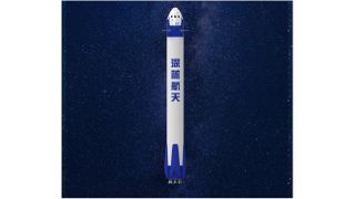 illustration of a white and blue rocket-capsule combo against a blue background