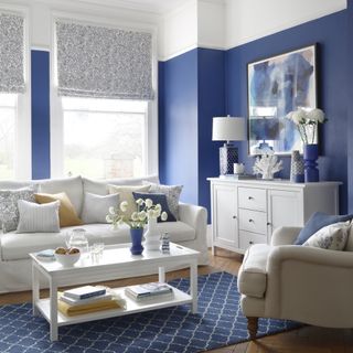 small blue and white living room