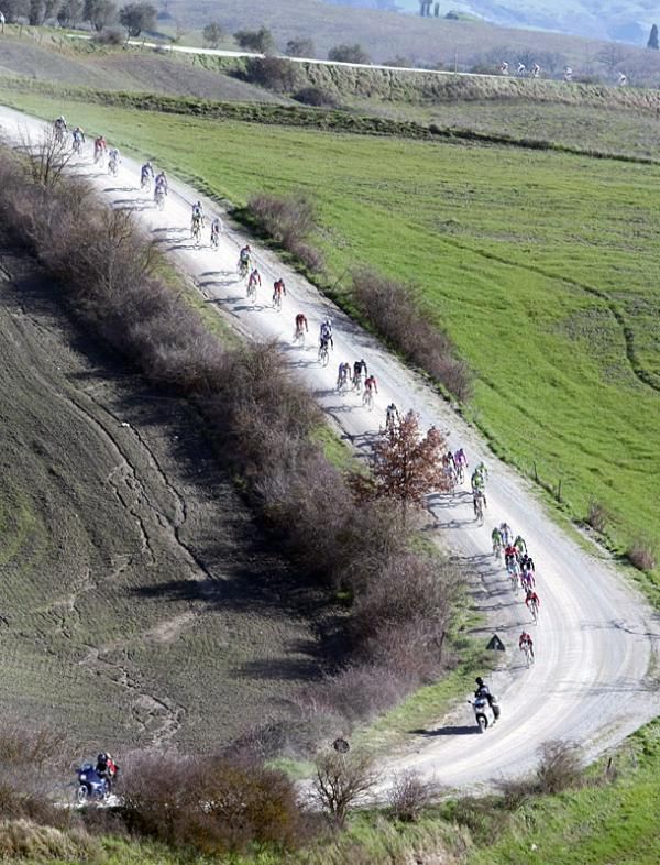 It's single file on a gravel descent.
