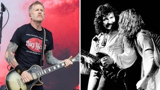 Bill Kelliher of Mastodon plays a Silverburst Les Paul Custom while Ozzy Osbourne and Tony Iommi perform on Black Sabbath's Never Say Die! Tour in 1978.