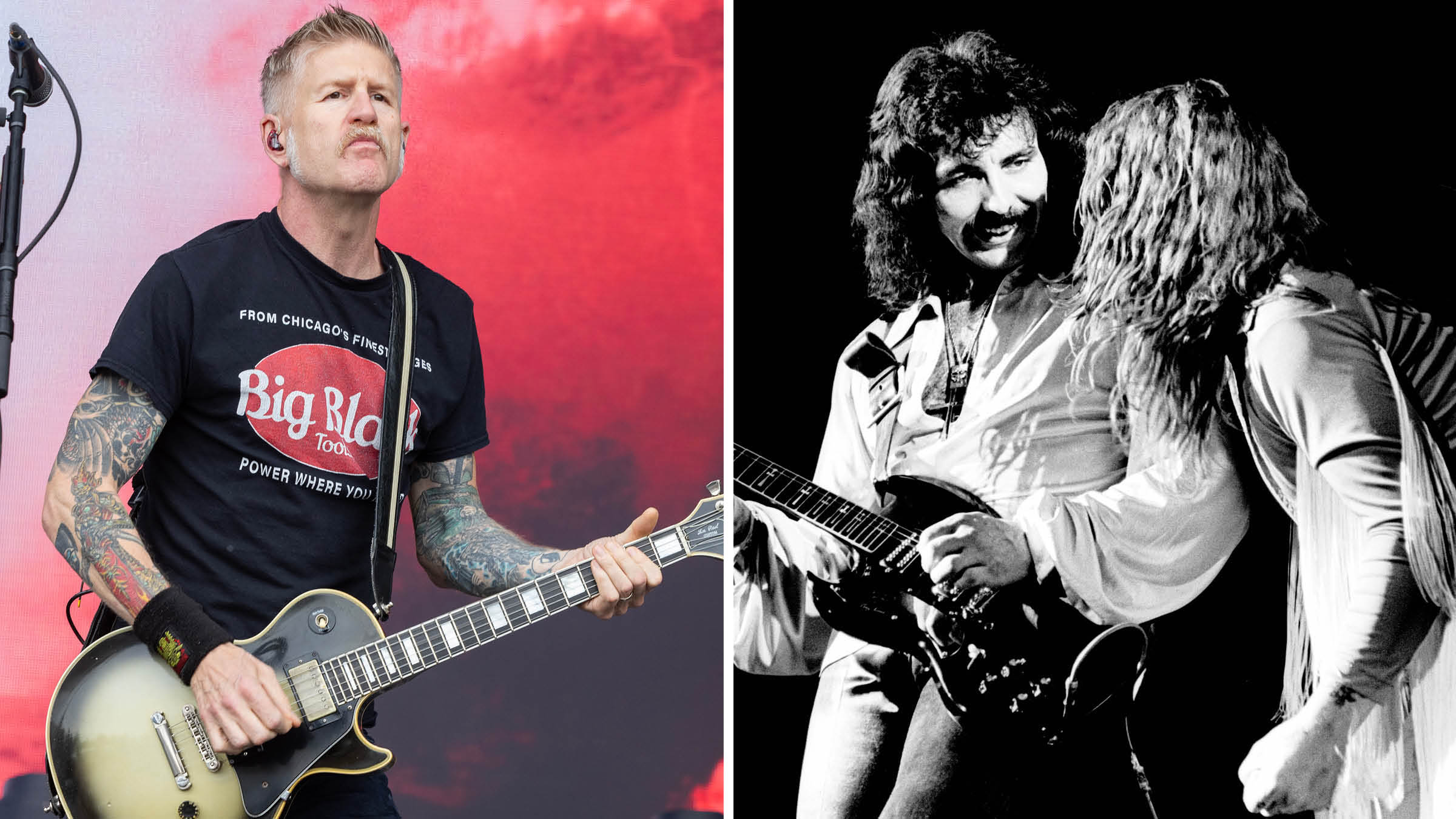 Bill Kelliher of Mastodon plays a Silverburst Les Paul Custom while Ozzy Osbourne and Tony Iommi perform on Black Sabbath's Never Say Die! Tour in 1978.