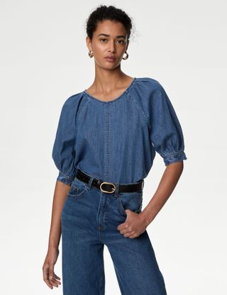 Pure Cotton Denim Puff Sleeve Blouse