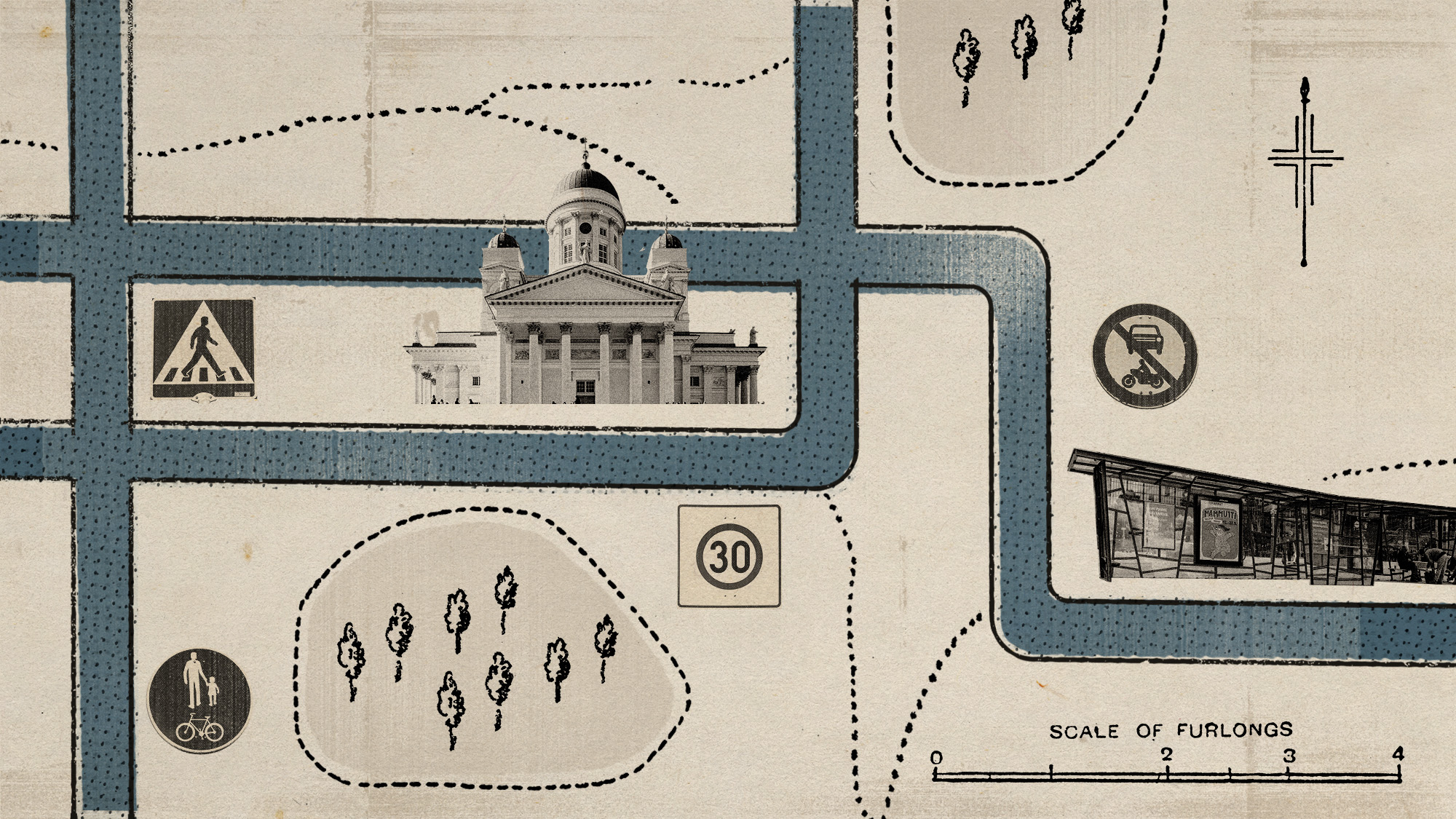 Illustrative collage of a diagram of a street with the Helsinki cathedral, a bus stop, parks, and Finnish traffic signs.