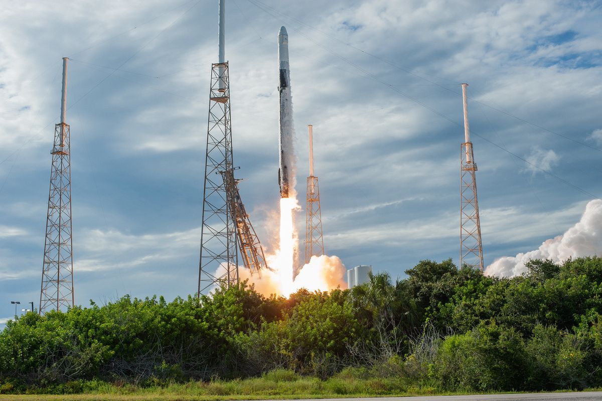 A SpaceX Falcon 9 rocket carrying the CRS-18 Dragon cargo ship for NASA launches from Cape Canaveral Air Force Station in Florida on July 25, 2019 to deliver supplies to the International Space Station.