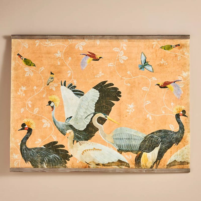 orange tapestry with bird motif