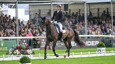 Wil Rawlin canters in front of the packed grandstand during his dressage test on Ballycoog Breaker Boy at Defender Burghley Horse Trials