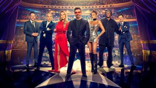 Ant & Dec and Alesha Dixon, Amanda Holden, Simon Cowell, Bruno Tonioli and KSI standing on the BGT stage for a promo shot. 