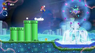 Super Mario Bros Wonder screenshot showing Mario grabbing a Wonder Flower