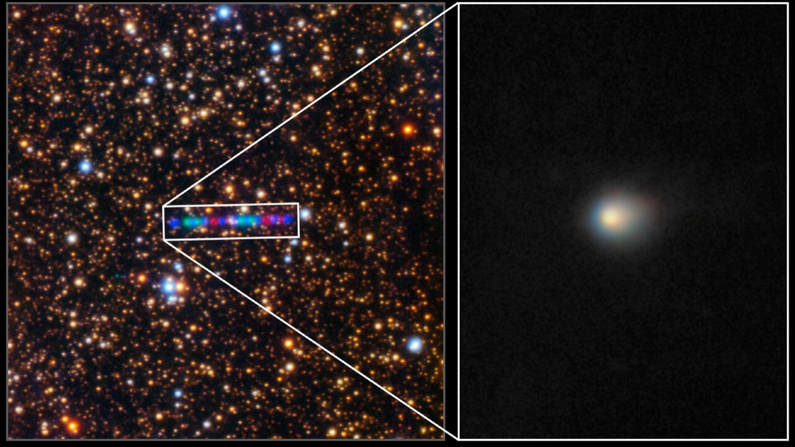 Photograph of a string of blue, red and green lights against a starry background