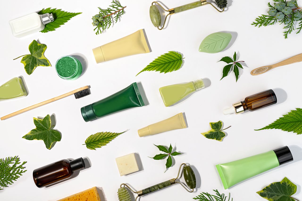 beauty products laid out, ethical beauty