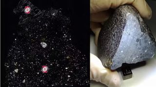 a split image. a dark background looks at microscopic pieces of mars rock. on the right, a mars rock.