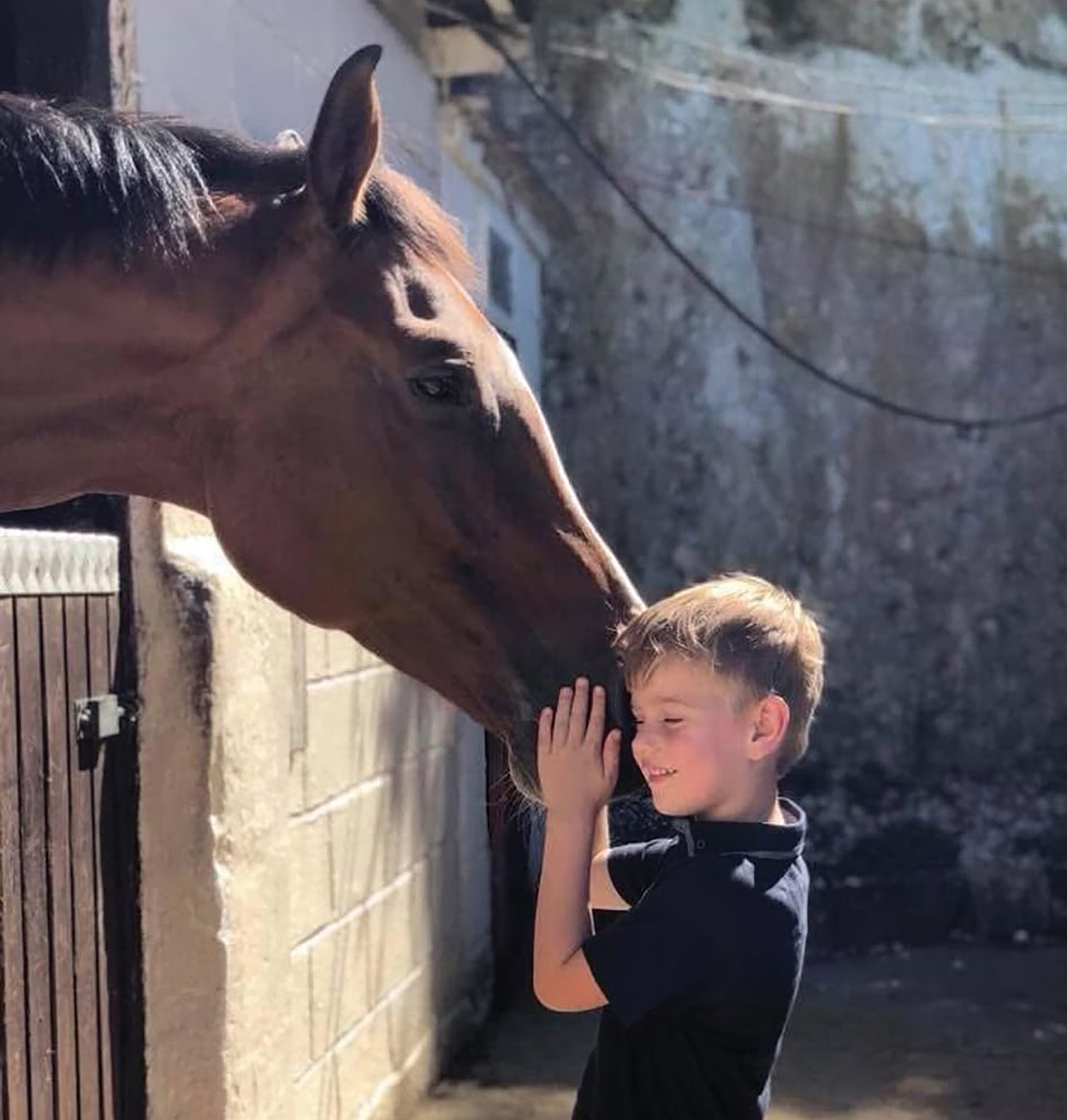 A young boy holds his hands softly around a horse's muzzle as the horse breathes on his face. The horse looking out over the stable door