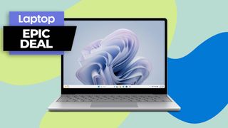 Surface Laptop Go 2 in platinum silver colorway against a blue and green swirl background