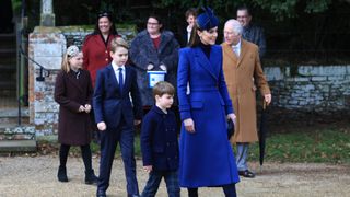 Mia Tindall, Prince George, Prince Louis, Catherine, Princess of Wales and King Charles leave church on December 25, 2023