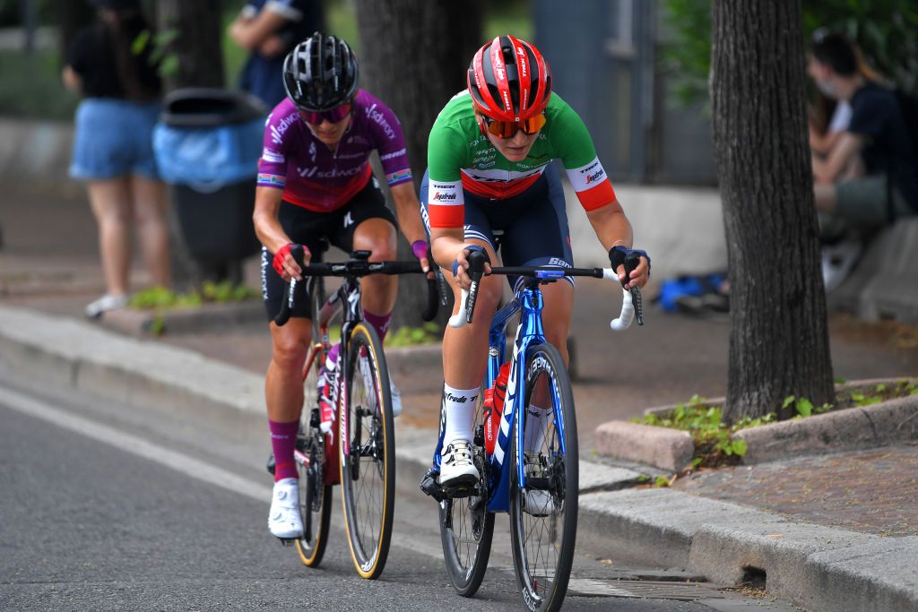 COLICO ITALY JULY 07 Elisa Longo Borghini of Italy and Team Trek Segafredo in breakaway during the 32nd Giro dItalia Internazionale Femminile 2021 Stage 6 a 155km stage from Colico to Colico GiroDonne UCIWWT on July 07 2021 in Colico Italy Photo by Luc ClaessenGetty Images