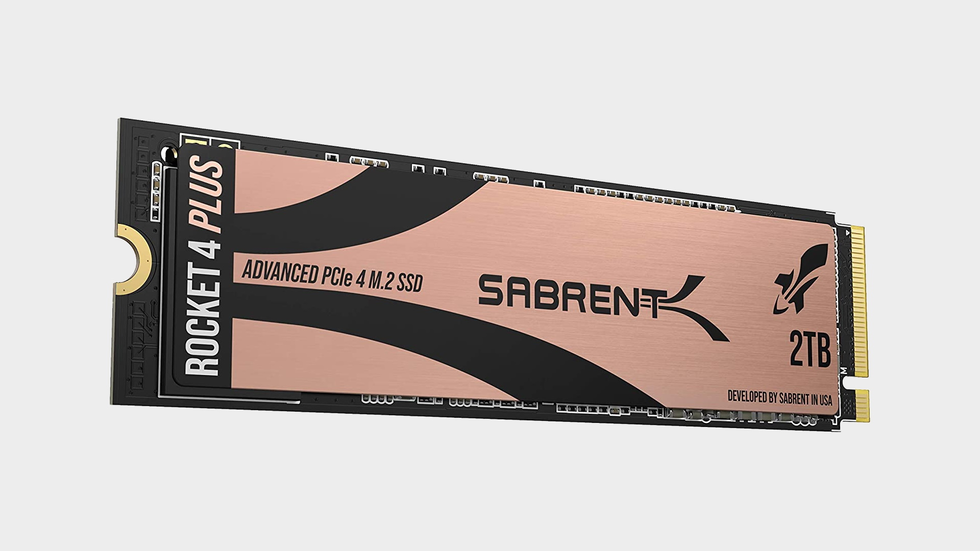 Image of the Sabrent Rocket 4 Plus 2TB in front of a gray background.