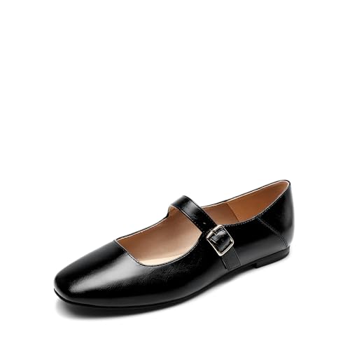 Dream Pairs Women's Flats Square Toe Mary Jane Flats Comfortable Casual Slip on Dress Shoes Ballet Flats With Buckle Strap Business Casual Work Office Mary Jane Shoes,size 5,black-Oily,dwumfa2520