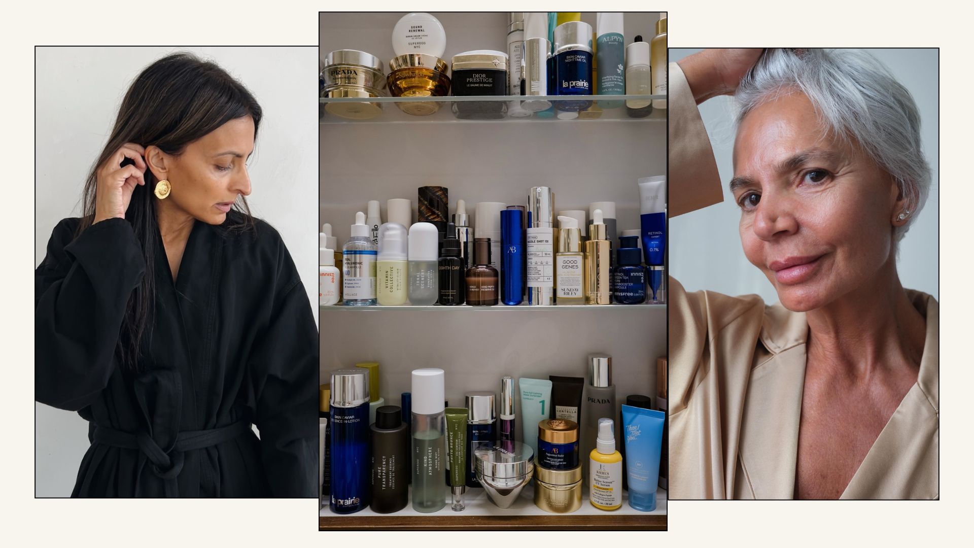 A collage of women with mature skin and skincare products