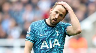 Harry Kane of Tottenham Hotspur reacts during the Premier League match between Newcastle United and Tottenham Hotspur at St. James' Park on April 23, 2023 in Newcastle upon Tyne, United Kingdom.