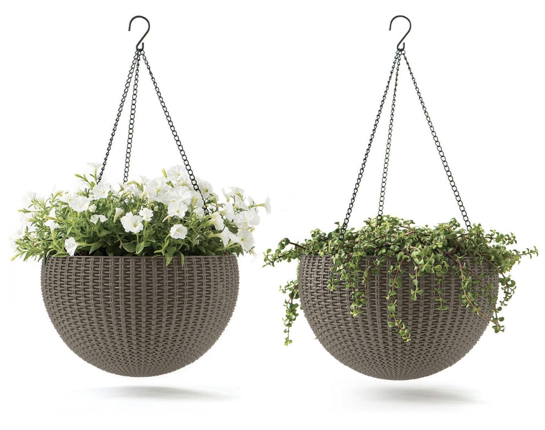 rattan hanging baskets filled with plants