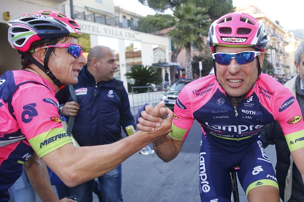 Cimolai is congratulated by a teammate