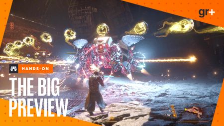 Arjun blasts through the Ancient Depths in Saros, an abandoned, mechanical mining environment, while avoiding orbal energy blasts, with the orange GamesRadar+ Big Preview frame