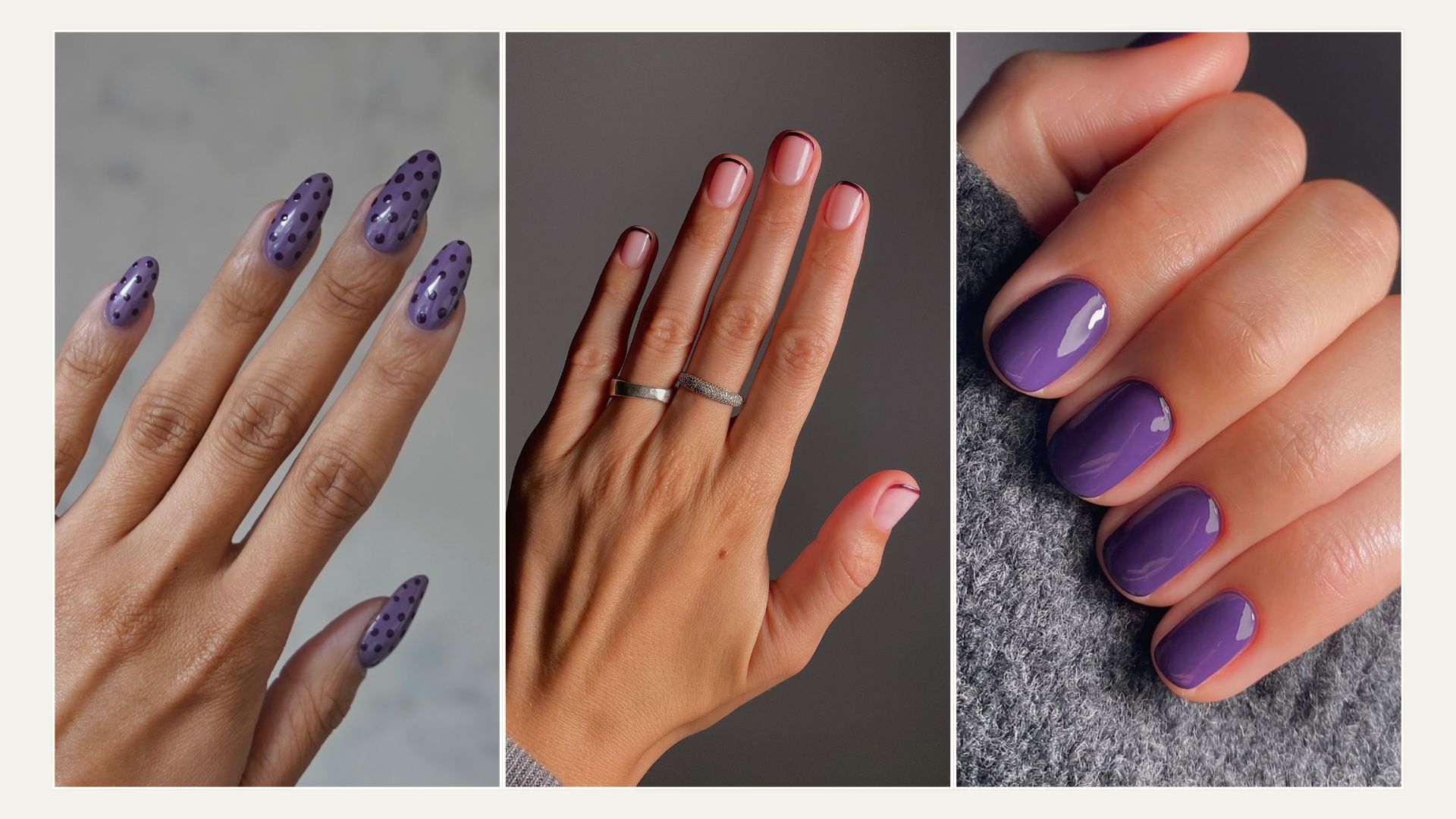 A collage of dark purple nail designs
