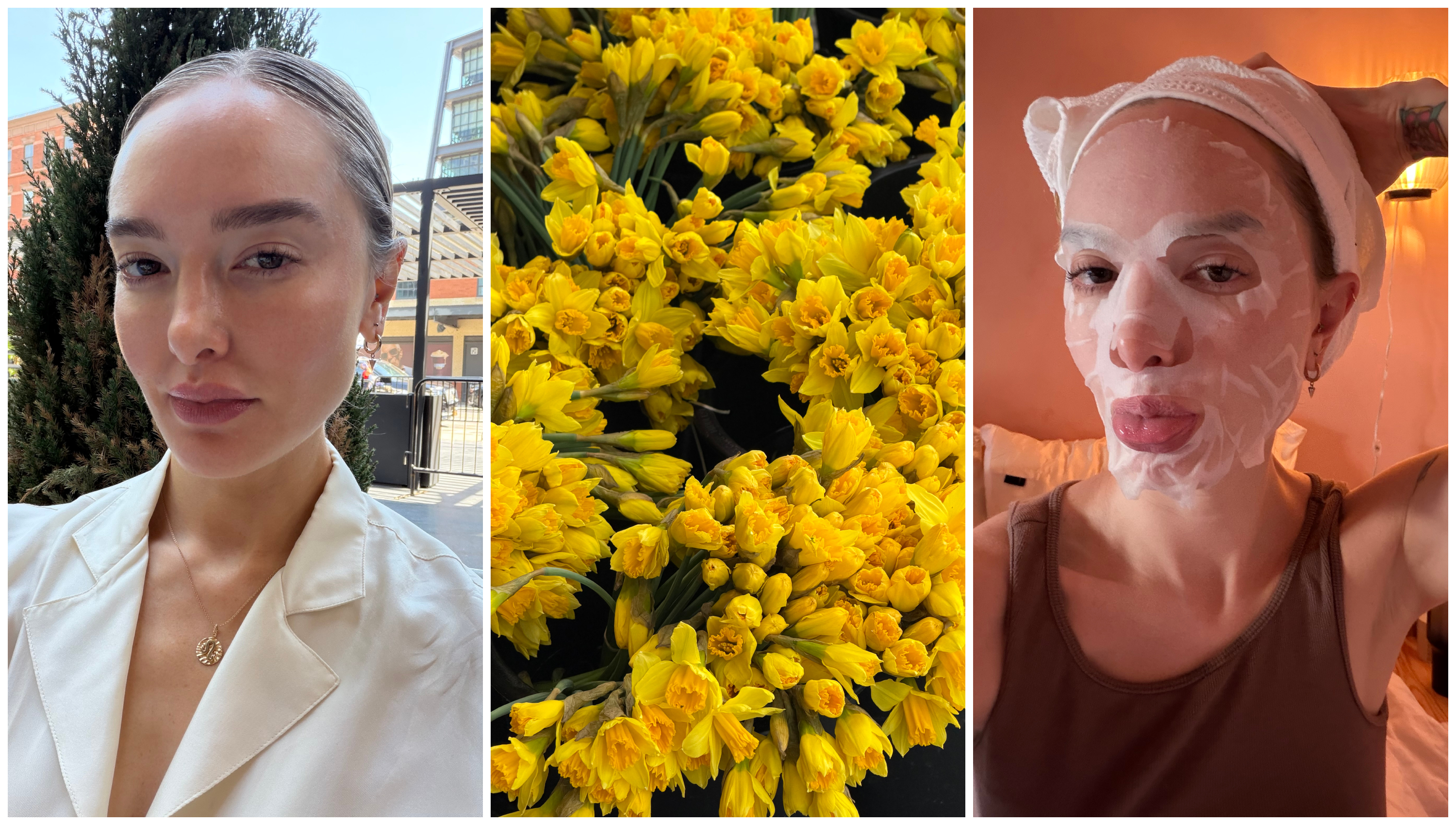 hannah baxter spring skincare, a close up of yellow flowers between two selfies of a woman with blonde hair