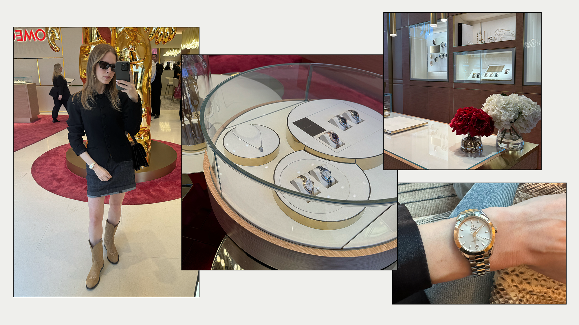 A collage of nikki in the omega austin store and omega watches.