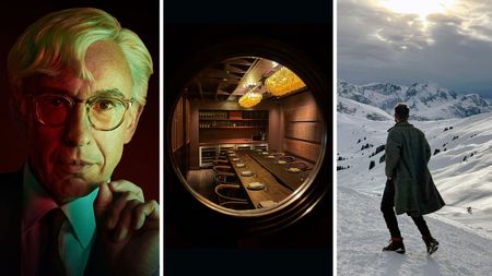 composite image of Steve Coogan, a restaurant and a man on a snowy mountain