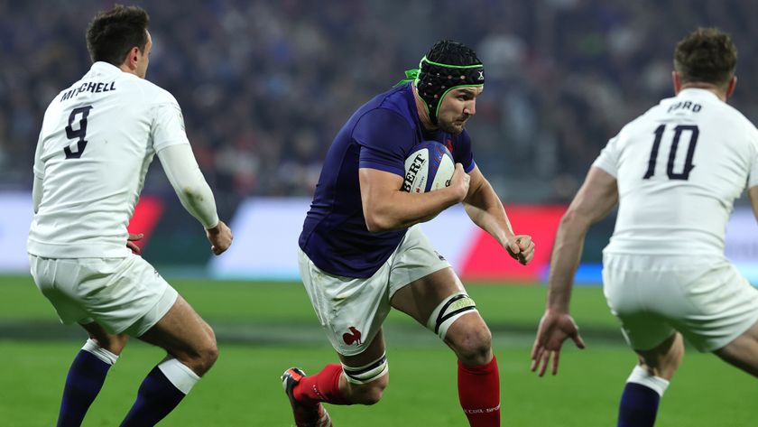 Francois Cros of France take son Alex Mitchell and George Ford during England vs France in the 2024 Six Nations