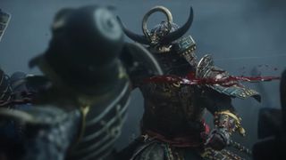 Yasuke swinging a sword at an enemy and splattering blood during the trailer for Assassin's Creed Shadows.