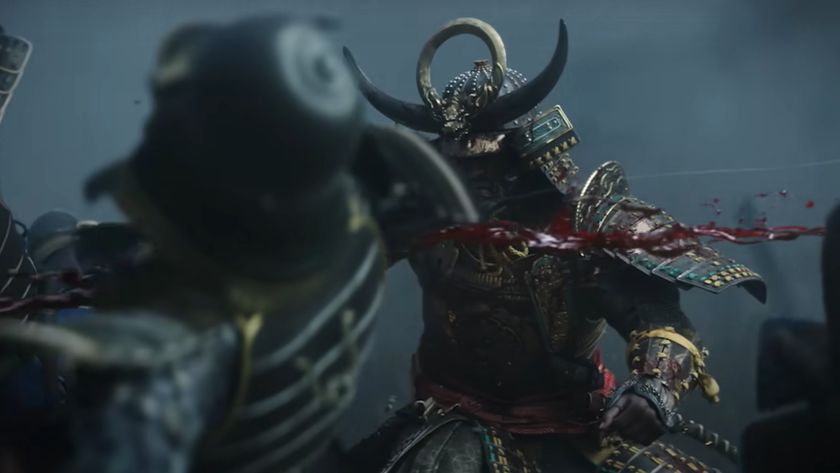 Yasuke swinging a sword at an enemy and splattering blood during the trailer for Assassin&#039;s Creed Shadows.