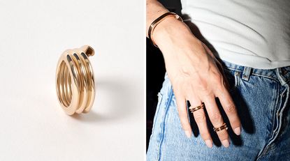 Coiled gold ring and woman wearing rings on her fingers held against blue jeans
