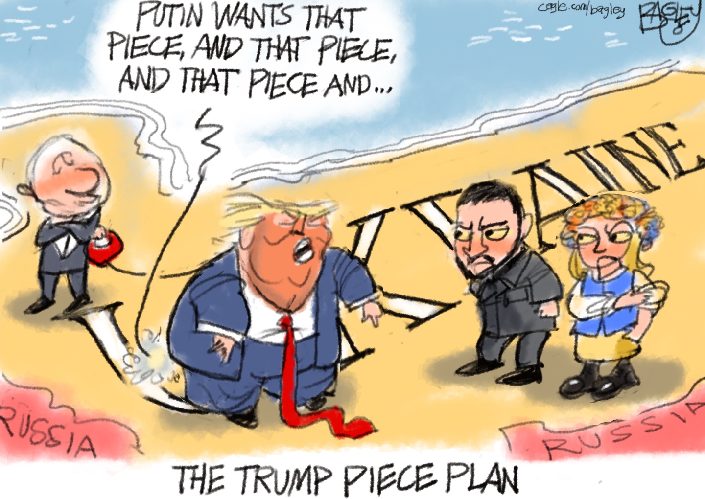 This cartoon is titled The Trump &amp;ldquo;Piece&amp;rdquo; Plan. Caricatures of Donald Trump, Vladimir Putin, and Volodymyr Zelenskyy stand on a map of Ukraine. Some parts of the map have been labeled Russia. Putin looks pleased. Zelenskly looks angry. Trump says, &amp;ldquo;Putin wants that piece, and that piece, and that piece, and&amp;hellip;&amp;rdquo;
