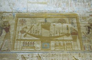A bas relief of a sacred barque boat used to travel to the afterlife.