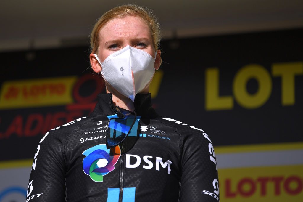 WEIMAR GERMANY MAY 29 Lorena Wiebes of Netherlands and Team DSM 2nd place celebrates at podiumduring the 34th Internationale LOTTO Thringen Ladies Tour 2021 Stage 5 a 1433km stage from Weimar to Weimar ltlt2021 lottothueringenladiestour womencycling on May 29 2021 in Weimar Germany Photo by Luc ClaessenGetty Images