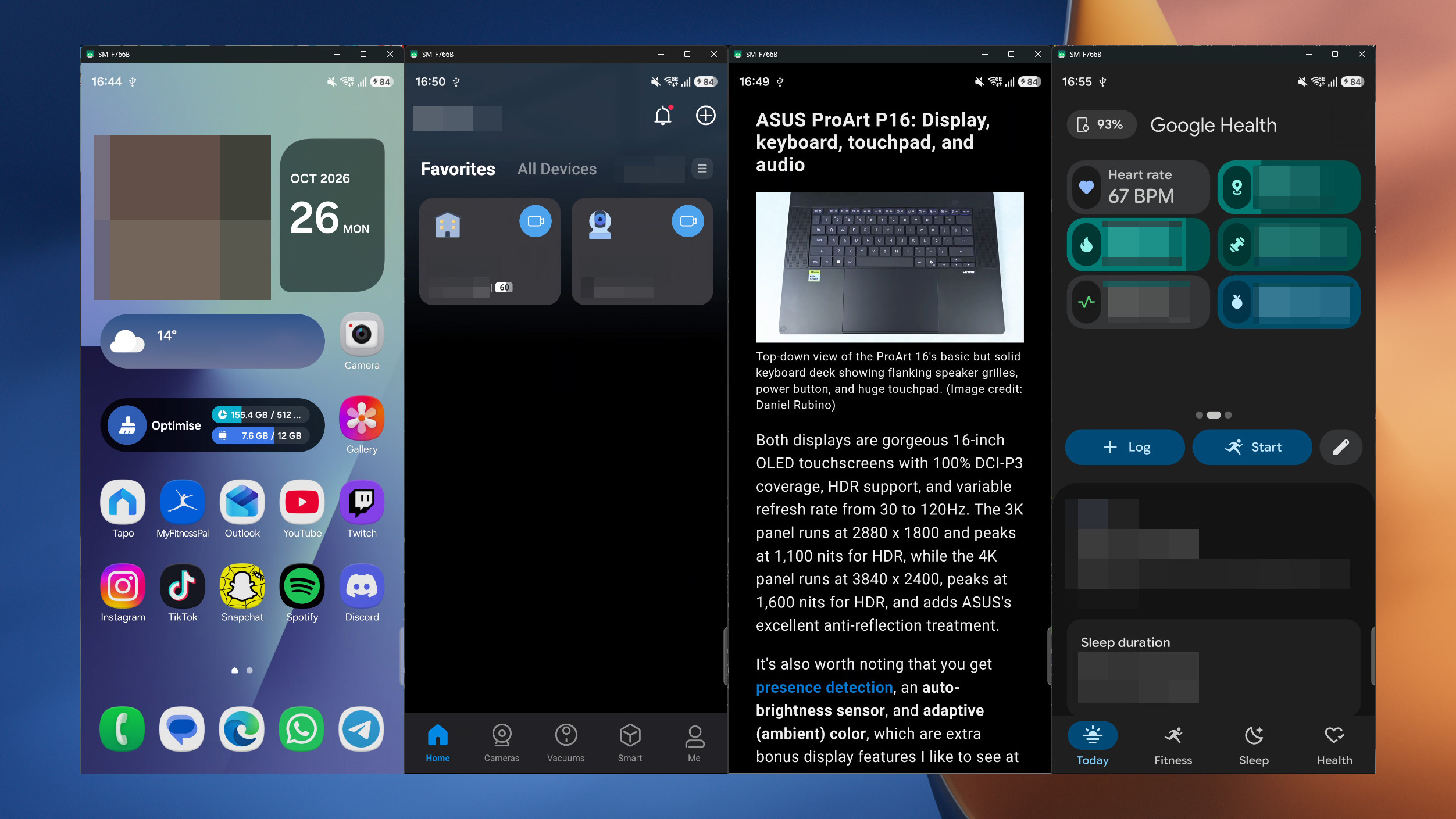 Various Android apps mirrored on Windows 11 from a Samsung smartphone