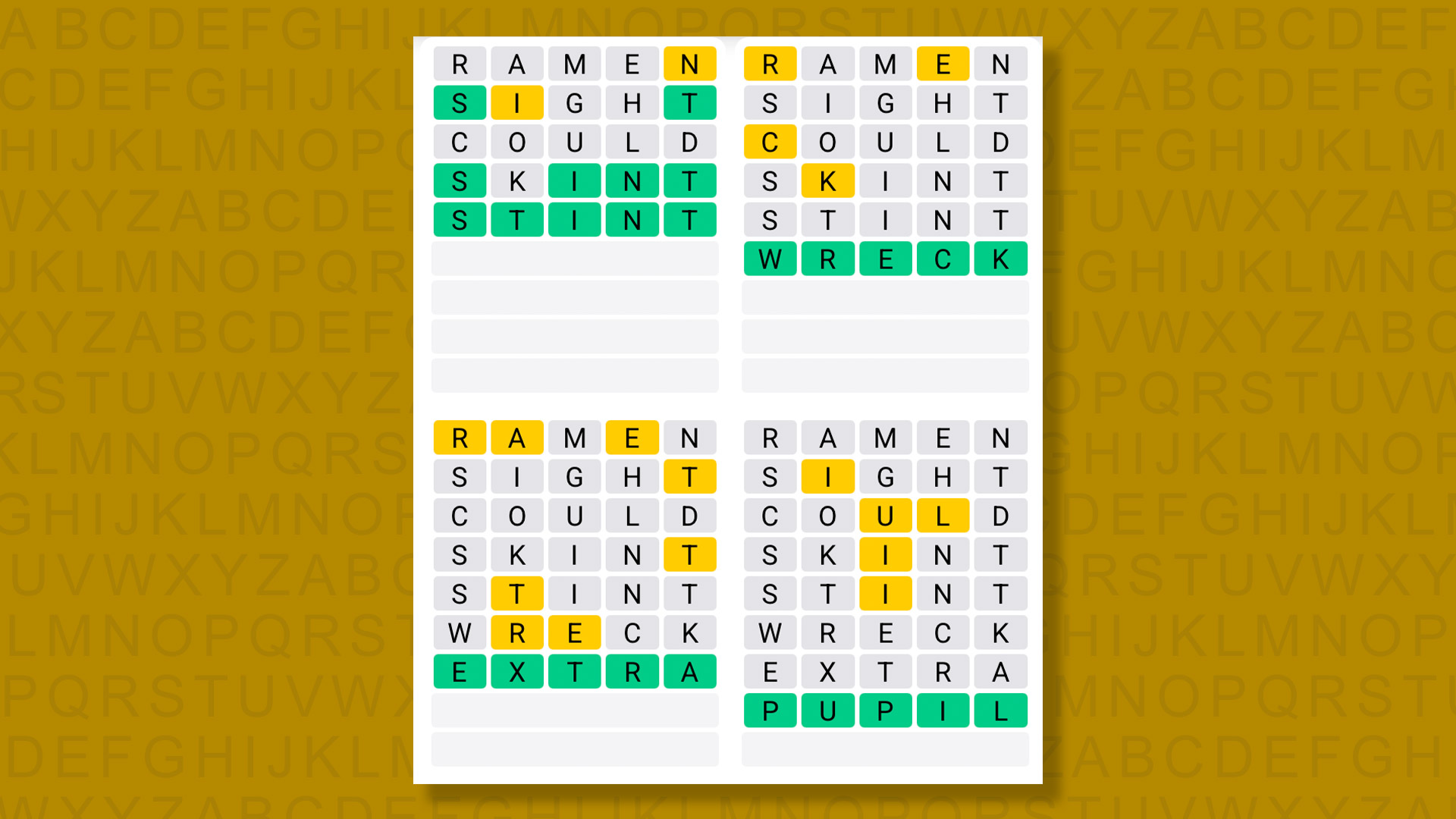 Quordle answers for game 1452 on a yellow background