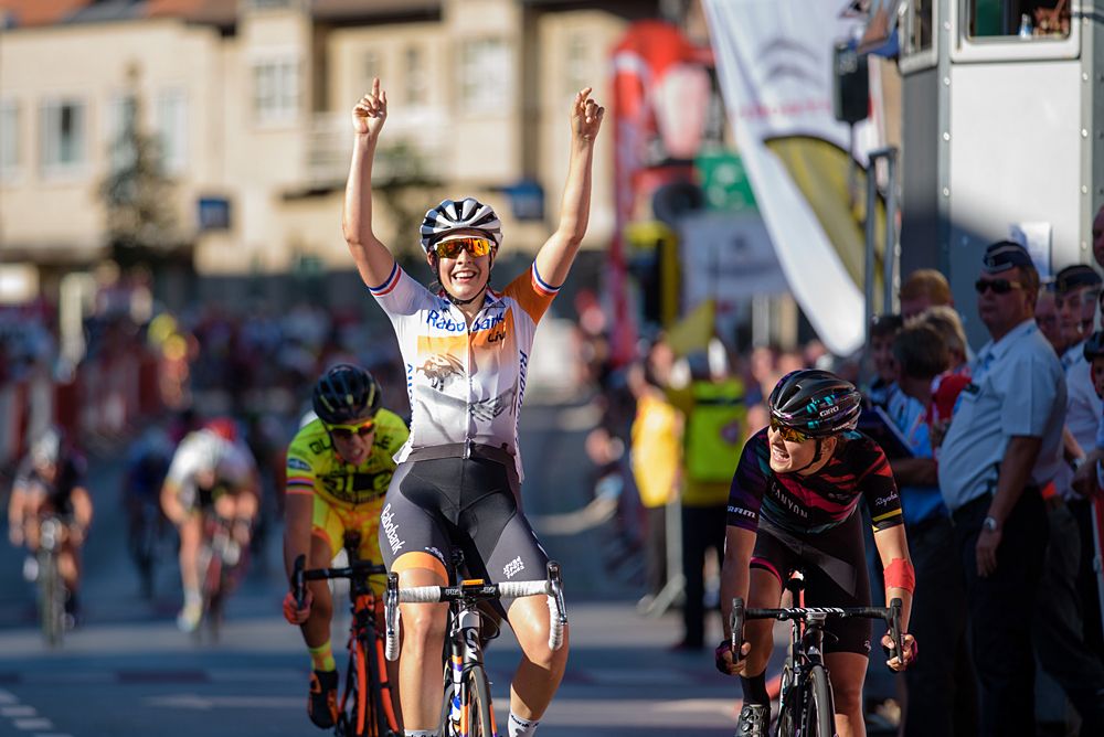 Lucinda Brand (Rabo Liv) wins the sprint finish ahead of Barbara Guarischi (CANYON//SRAM Racing) at the 121 km Stage 1 of the Lotto Belgium Tour 2016