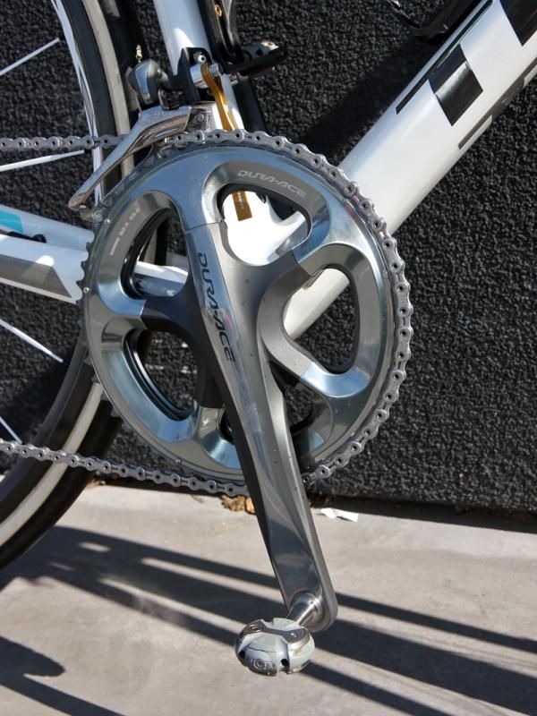 Fabian Cancellara's (Leopard Trek) Shimano Dura-Ace crank had curiously standard 53/42T chainrings fitted when we visited the team hotel two days before Paris-Roubaix. Team mechanic Roger Theel insists this is what the big Swiss rider will run on Sunday despite the inner ring being unusually small for the parcours.