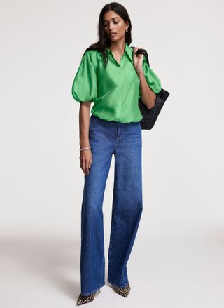 Green Sheer Puff Sleeve Shirt