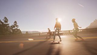 A screenshot of three kids skateboarding during the upcoming Xbox Series X game, Mixtape.